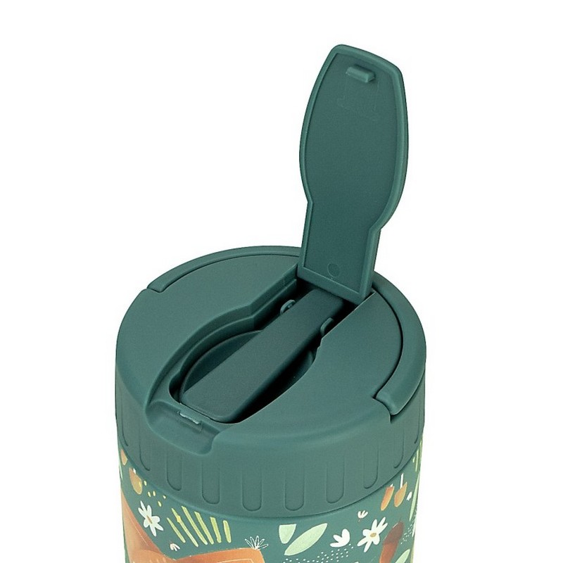 Portapranzo termico verde per bambini decorato con volpe, ghiande e funghi in acciaio inossidabile, con cucchiaio incluso e maniglia estraibile per agevolare il trasporto